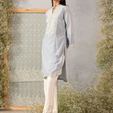 Spa Blue Mid-length Cotton Kurti for Women with Embroidery