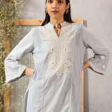 Spa Blue Mid-length Cotton Kurti for Women with Embroidery