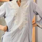 Spa Blue Mid-length Cotton Kurti for Women with Embroidery
