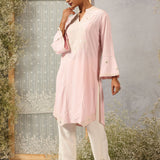 Pink Mid-length Cotton Kurti  for Women with Embroidery