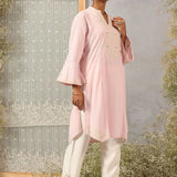 Pink Mid-length Cotton Kurti  for Women with Embroidery