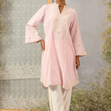 Pink Mid-length Cotton Kurti  for Women with Embroidery