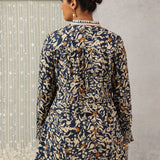 Navy Blue Multi Color Printed Short Tunic with Yoke Embroidery