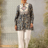 Navy Blue Multi Color Printed Short Tunic with Yoke Embroidery