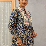 Navy Blue Multi Color Printed Short Tunic with Yoke Embroidery