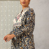 Navy Blue Multi Color Printed Short Tunic with Yoke Embroidery
