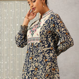 Navy Blue Multi Color Printed Short Tunic with Yoke Embroidery
