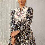 Navy Blue Multi Color Printed Short Tunic with Yoke Embroidery