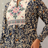 Navy Blue Multi Color Printed Short Tunic with Yoke Embroidery