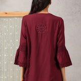 Ruby Wine Solid Tunic with Keyhole Neck and Bell Sleeves