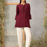 Ruby Wine Solid Tunic with Keyhole Neck and Bell Sleeves