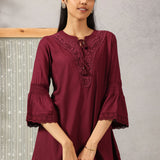 Ruby Wine Solid Tunic with Keyhole Neck and Bell Sleeves