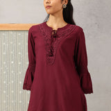 Ruby Wine Solid Tunic with Keyhole Neck and Bell Sleeves