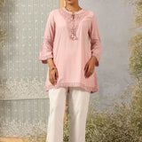 Pink Solid Tunic with Keyhole Neck and Bell Sleeves