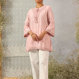 Pink Solid Tunic with Keyhole Neck and Bell Sleeves