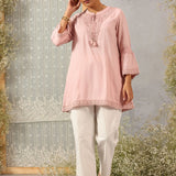 Pink Solid Tunic with Keyhole Neck and Bell Sleeves