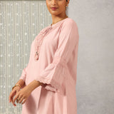 Pink Solid Tunic with Keyhole Neck and Bell Sleeves