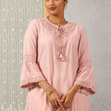 Pink Solid Tunic with Keyhole Neck and Bell Sleeves