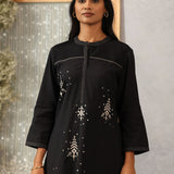 Parizad Black Embroidered Cotton Blend Mandarin Collar Straight Co-ord Set