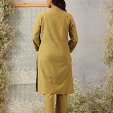 Rehmat Olive Monochrome Cotton Blend Mandarin Collar Straight Mid Co-ord Set