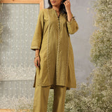 Rehmat Olive Monochrome Cotton Blend Mandarin Collar Straight Mid Co-ord Set