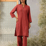 Rehmat Rust Monochrome Cotton Blend Mandarin Collar Straight Mid Co-ord Set