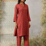 Rehmat Rust Monochrome Cotton Blend Mandarin Collar Straight Mid Co-ord Set