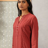 Rehmat Rust Monochrome Cotton Blend Mandarin Collar Straight Mid Co-ord Set