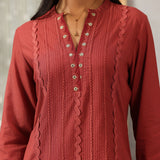 Rehmat Rust Monochrome Cotton Blend Mandarin Collar Straight Mid Co-ord Set