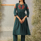Ronaq Emerald Green Embroidered Rayon Slub Long Co-ord Set for Women