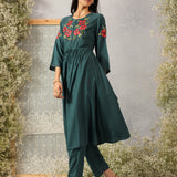 Ronaq Emerald Green Embroidered Rayon Slub Long Co-ord Set for Women