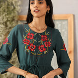 Ronaq Emerald Green Embroidered Rayon Slub Long Co-ord Set for Women