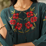 Ronaq Emerald Green Embroidered Rayon Slub Long Co-ord Set for Women