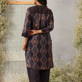 Nazneen Navy Blue Abstract Printed Asymmetrical Hem Straight Mid Co-ord Set