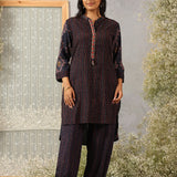 Nazneen Navy Blue Abstract Printed Asymmetrical Hem Straight Mid Co-ord Set