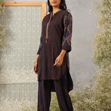 Nazneen Navy Blue Abstract Printed Asymmetrical Hem Straight Mid Co-ord Set