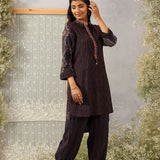 Nazneen Navy Blue Abstract Printed Asymmetrical Hem Straight Mid Co-ord Set