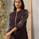 Nazneen Navy Blue Abstract Printed Asymmetrical Hem Straight Mid Co-ord Set