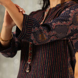 Nazneen Navy Blue Abstract Printed Asymmetrical Hem Straight Mid Co-ord Set