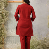 Parizad Maroon Embroidered Cotton Blend Mandarin Collar Straight Mid Co-ord Set
