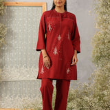 Parizad Maroon Embroidered Cotton Blend Mandarin Collar Straight Mid Co-ord Set