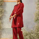 Parizad Maroon Embroidered Cotton Blend Mandarin Collar Straight Mid Co-ord Set