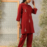 Parizad Maroon Embroidered Cotton Blend Mandarin Collar Straight Mid Co-ord Set