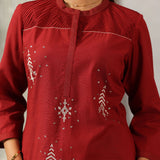 Parizad Maroon Embroidered Cotton Blend Mandarin Collar Straight Mid Co-ord Set