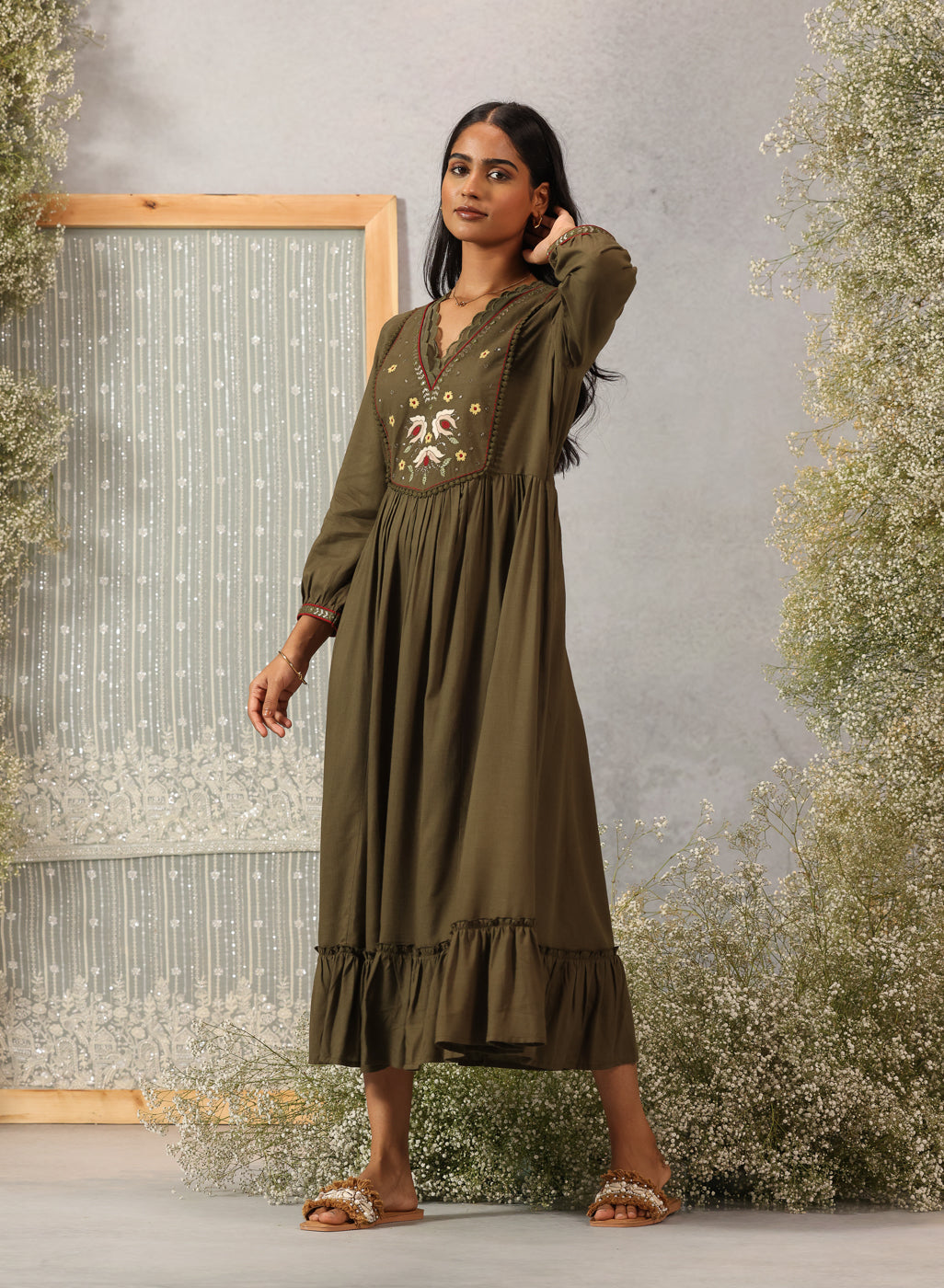 Nikhaar Army Green Embroidered Rayon Slub Dress for Women Lakshita Nikhaar Army Green Embroidered Rayon Slub Dress for Women Lakshita