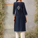 Khumar Navy Blue Embroidered Viscose SIlk Slub Long Kurti for Women