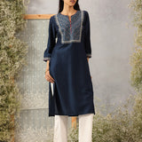 Khumar Navy Blue Embroidered Viscose SIlk Slub Long Kurti for Women