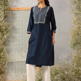 Khumar Navy Blue Embroidered Viscose SIlk Slub Long Kurti for Women