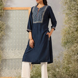 Khumar Navy Blue Embroidered Viscose SIlk Slub Long Kurti for Women