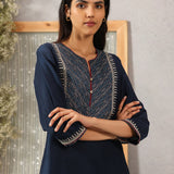 Khumar Navy Blue Embroidered Viscose SIlk Slub Long Kurti for Women